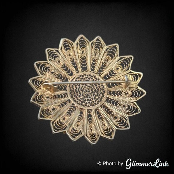 Vintage Sterling Silver Gilt Filigree Round Teal Cabochon Brooch Pin - Picture 5 of 7